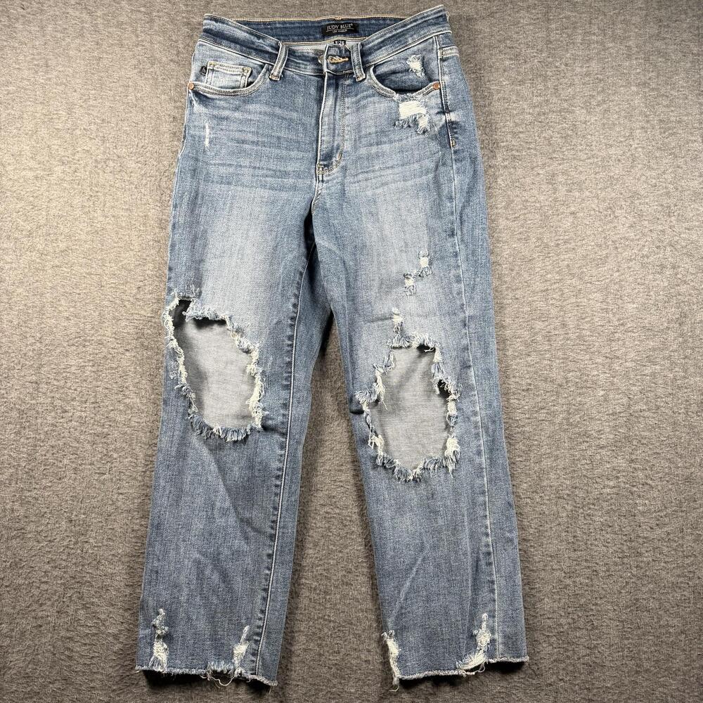 Judy Blue JB82434MD Jeans Womens 3/26 High Rise Distressed Straight Raw Hem Crop